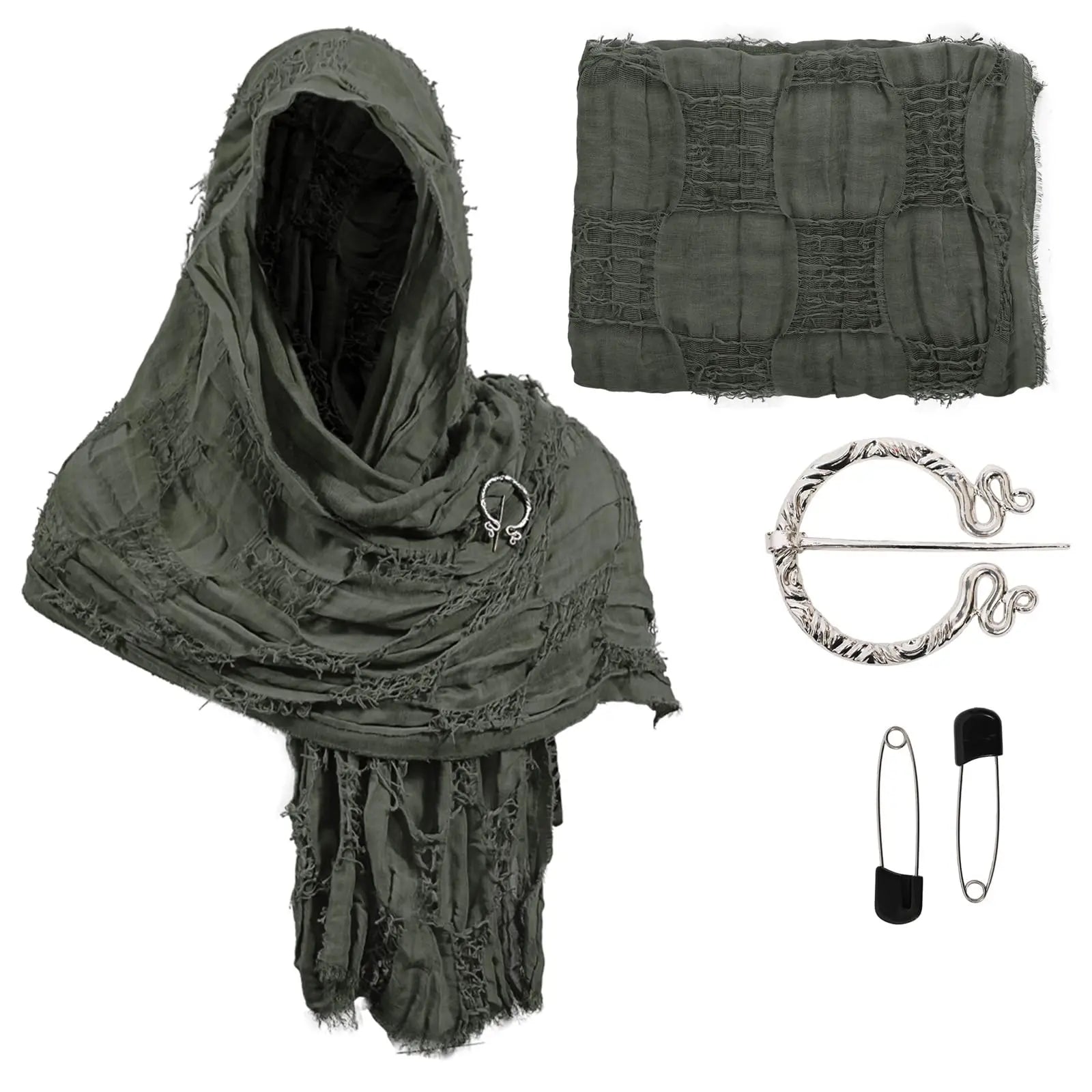 Adult Medieval Hooded Shawl Renaissance Cowl Hood Wasteland Desert Scarf Brooch Paperclip Viking Half Cape Dune Costume Qme green One Size