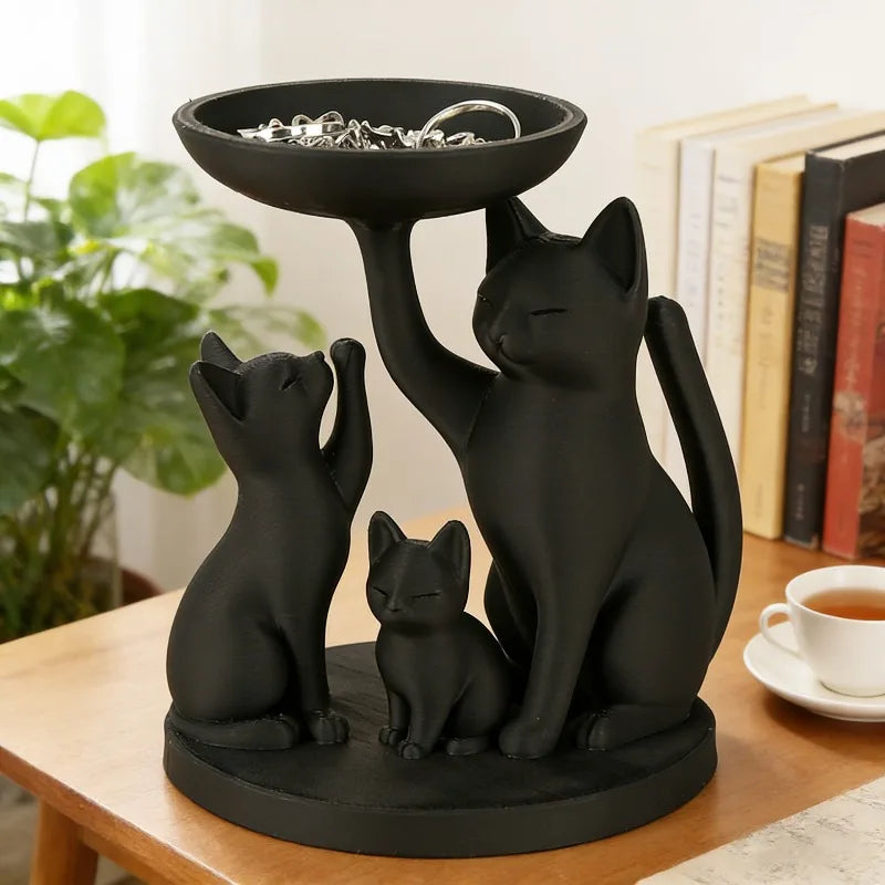 Whimsical 3D Printed Black Cat Family Storage Tray 3 Cats Jewelry Keys Qme