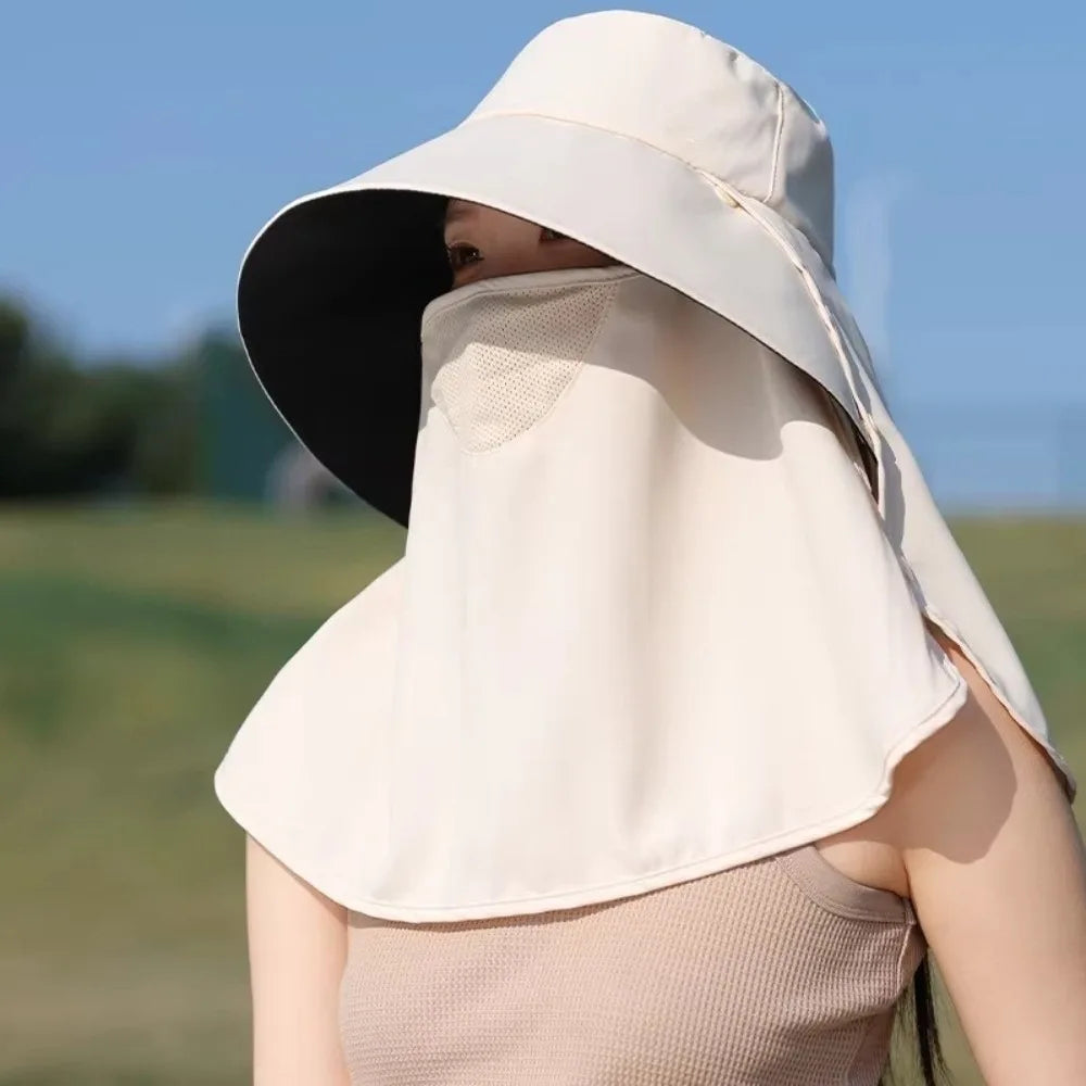 Wide Brim Sunscreen Fisherman Hat Lightweight Full Face Cover Qme Beige