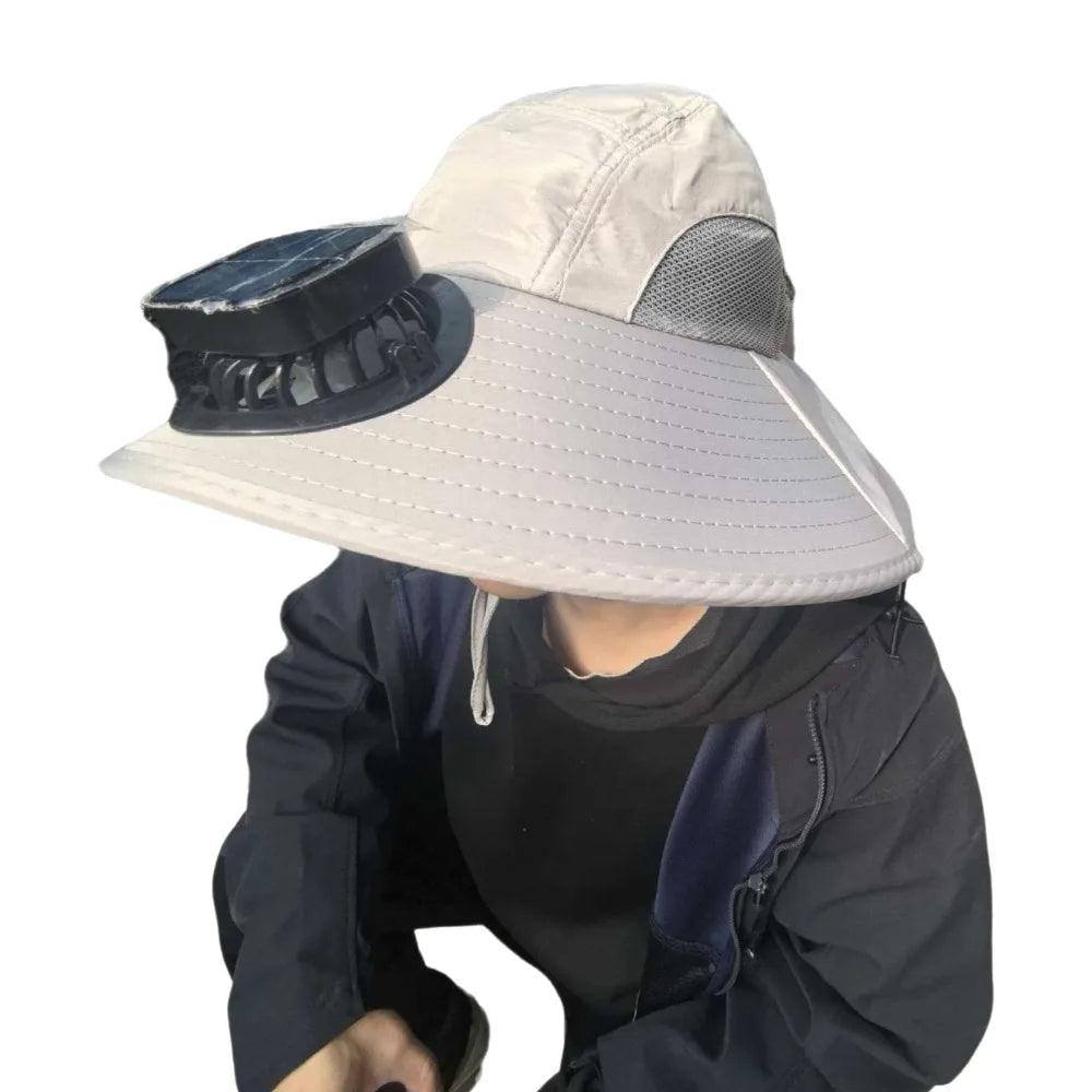 Breathable Solar Fan Hat Strong Wind Wide Brim Sun Hat with Fan with Shawl UV Protection Summer Fan Visor Cap Hot Weather Qme Grey Square
