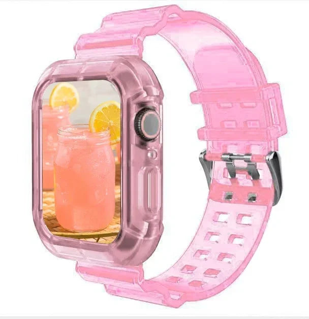 Clear Band + Case for Apple Watch Series 9 8 7 6 SE 5 49mm 45mm 44mm 42mm 41mm Transparent for iwatch 3 38mm 40mm Plastic Strap Qme Tr-Pink 42mm 44mm 45mm