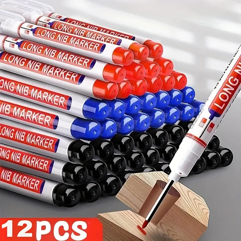 12Pcs/Set Multi-Purpose 20mm Deep Hole Long Nib Head Marker For Metal Perforating Pen Waterproof Bathroom Woodworking Decor Tool Qme