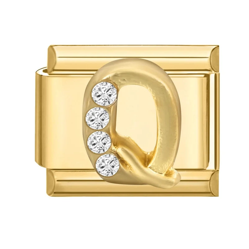 Wholesale Shiny CZ 26 Letters A-Z Gold Color Italian Charms Gold Plated 9mm Stainless Steel Modular Bracelet DIY Jewelry Gift Qme Q