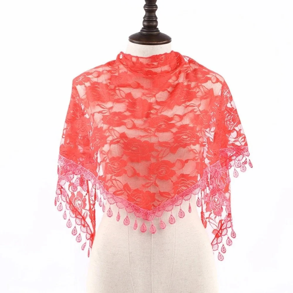 Sun Protection Lace Scarf Colorful Tassel Printed Wraps Hair Qme Watermelon Red