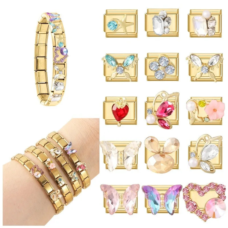 2026 Colorful Garland Flower Bird Luxury Pearl Zircon Gold Color Italian Link Fit 9mm Stainless Steel Charm Jewelry DIY Bracelet Qme