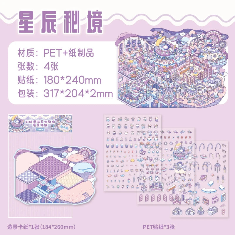 4 Pcs Creative Cartoon 3D Landscape Sticker Book DIY Cabin Scene Sticker Miniature House Sticker Cabin Scene Stationery stickers Qme F-4 Pcs