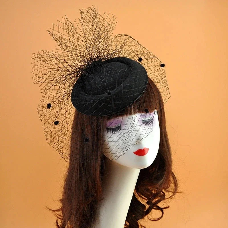 Black Veil Small Hat Hair Accessories Retro Woolen Material Dinner Qme Black