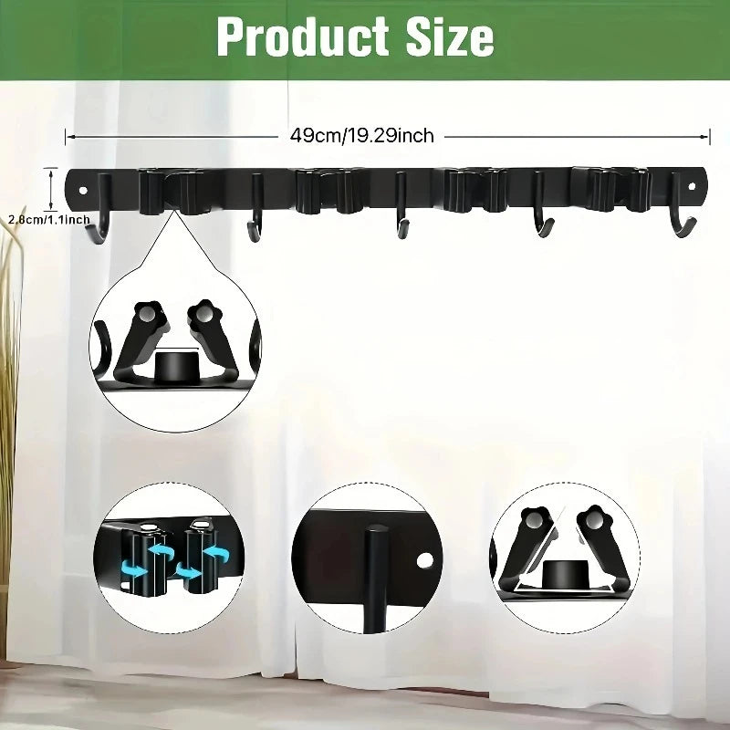 1 Heavy-Duty Metal Tool Rack with 4 Slots and 5 Hooks - Wall-Mounted Garden Tools, Broom, Mop and Garage Equipment, Tool Rack St Qme