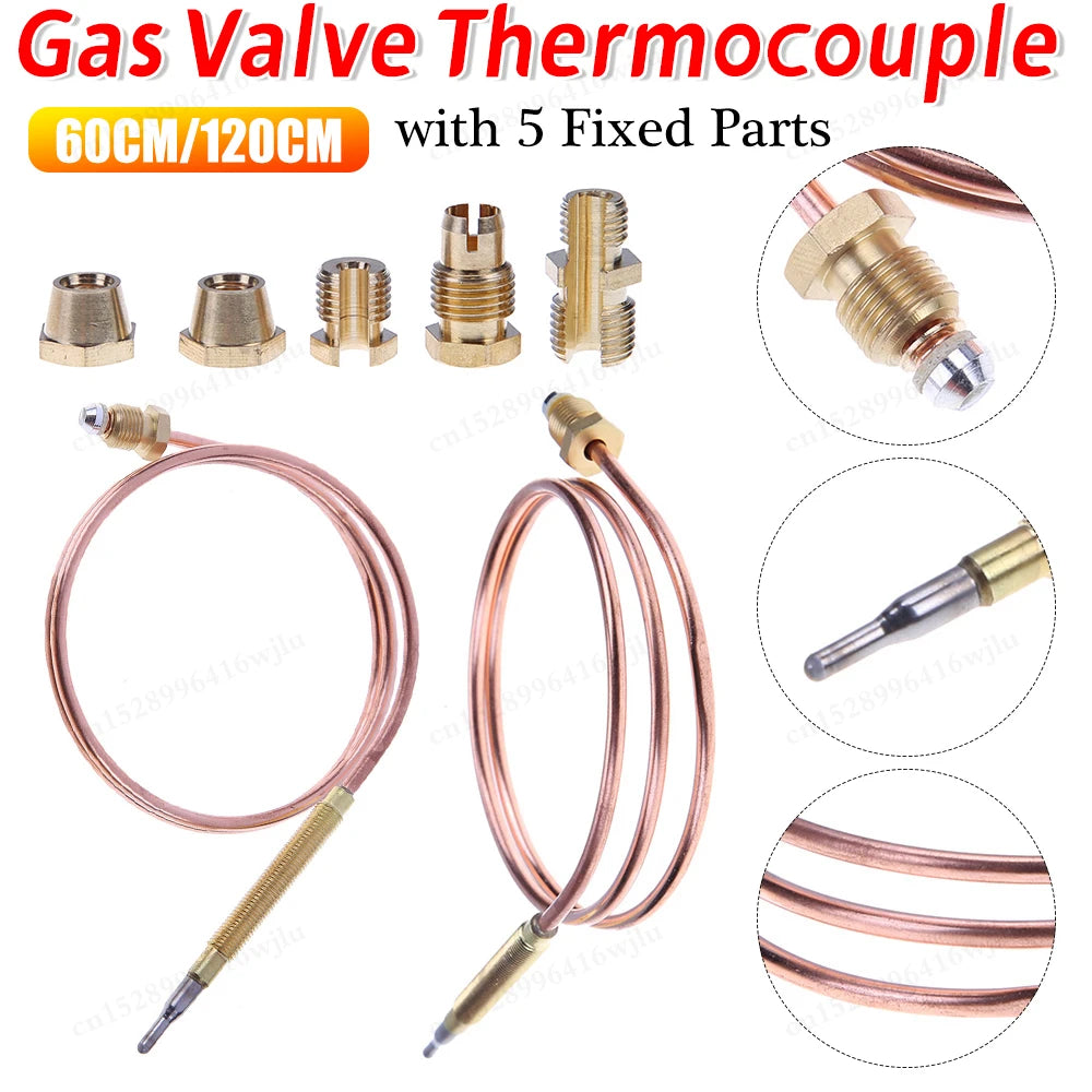 1/2PCS Universal Gas Thermocouple Valve 60/120cm Fireplace Replace Thermocouple for Hot Water Boiler Tea Urn with 5 Fixed Parts Qme 60CM 2PCS