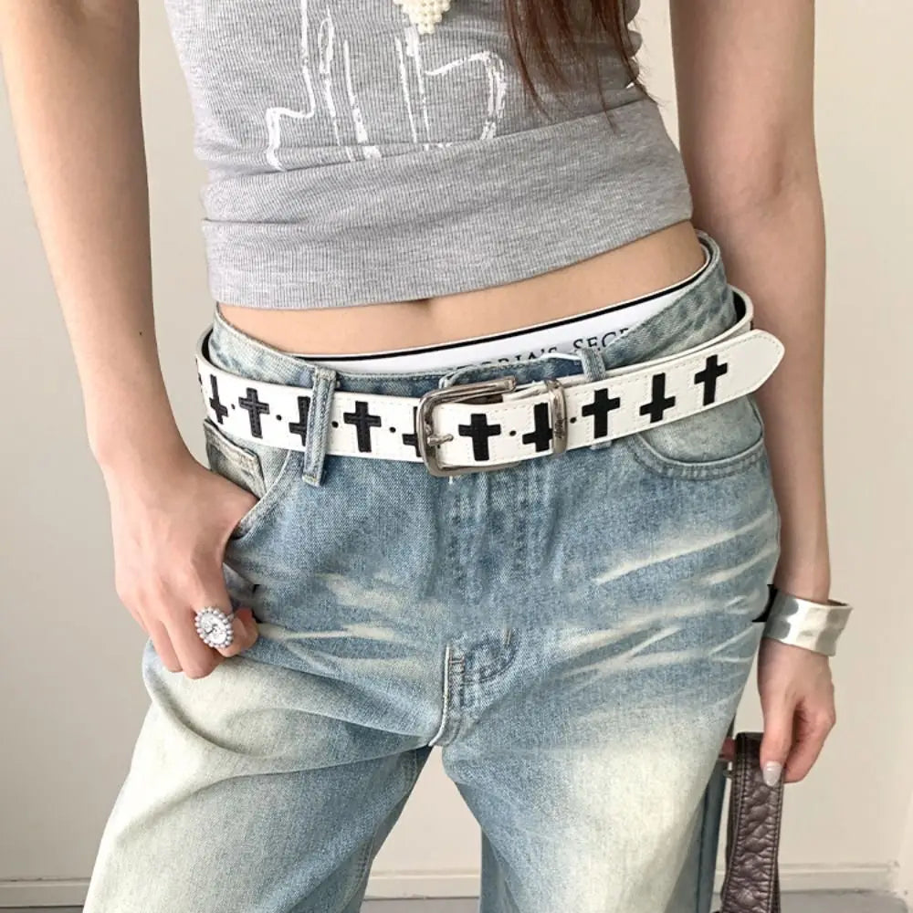Fashion PU Leather Cross Shaped Belt Spicy Girl Metal Punk Hip Hop Qme