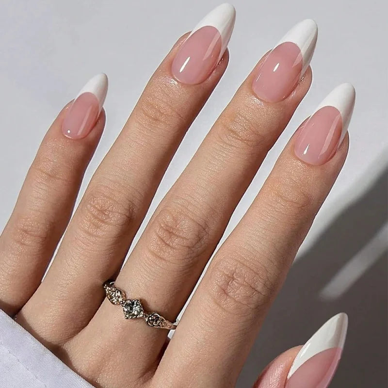 Pink French Almond Fake Nails Full Cover False Nail Tip for women French press on nails Wedding/daily reusable Qme
