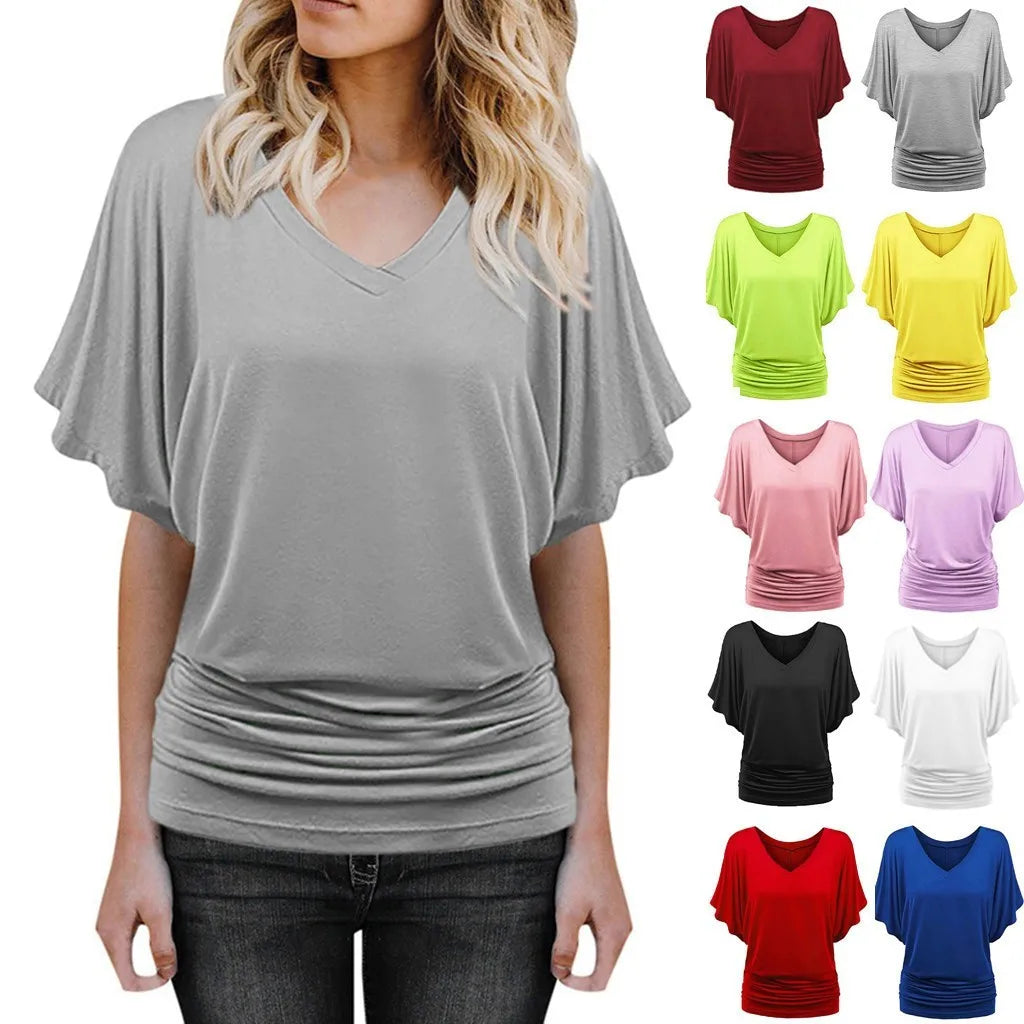 Soft Pleated Summer Bating Short Sleeved V-neck Solid Color T-Shirt Fashionable Classic Soft And Comfortable Daily Top For Lady Qme