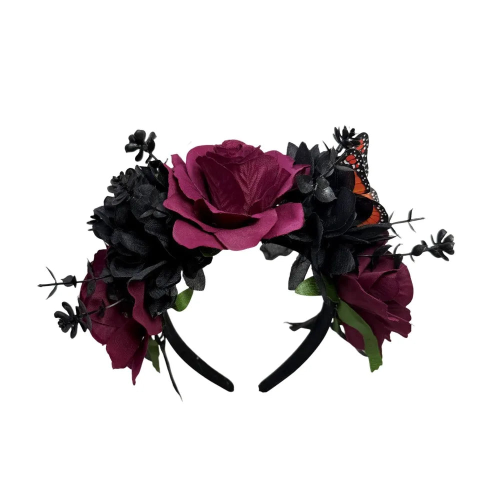 Gothic Halloween Rose Flower Crown with Butterfly Realistic Artificial Flower Headband Simulated Vintage Qme Style A