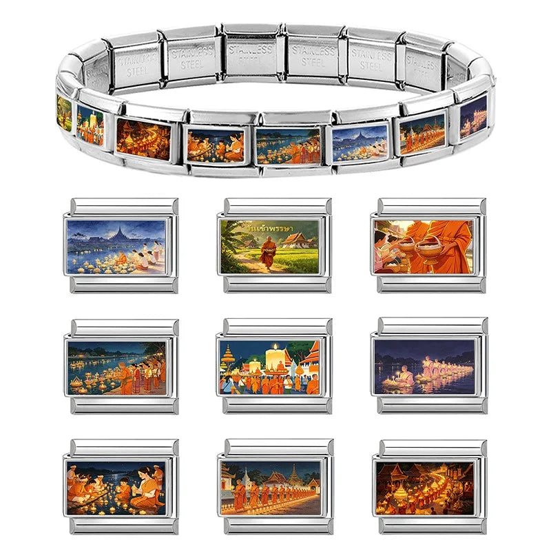 Floating Water Lanterns offer sacrifices Buddhist Lent Charms Italian Links Fit 9mm Bracelet Stainless Steel DIY Making Jewelrys Qme