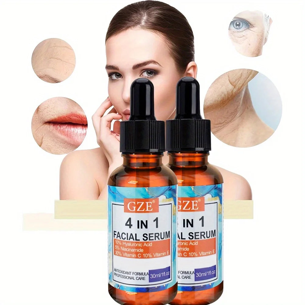 2pcs GZE 4-in-1 Face Serum with Hyaluronic Acid, Peptides, Vitamin C & E, Hydrates, Suitablefor All Skin Types Qme