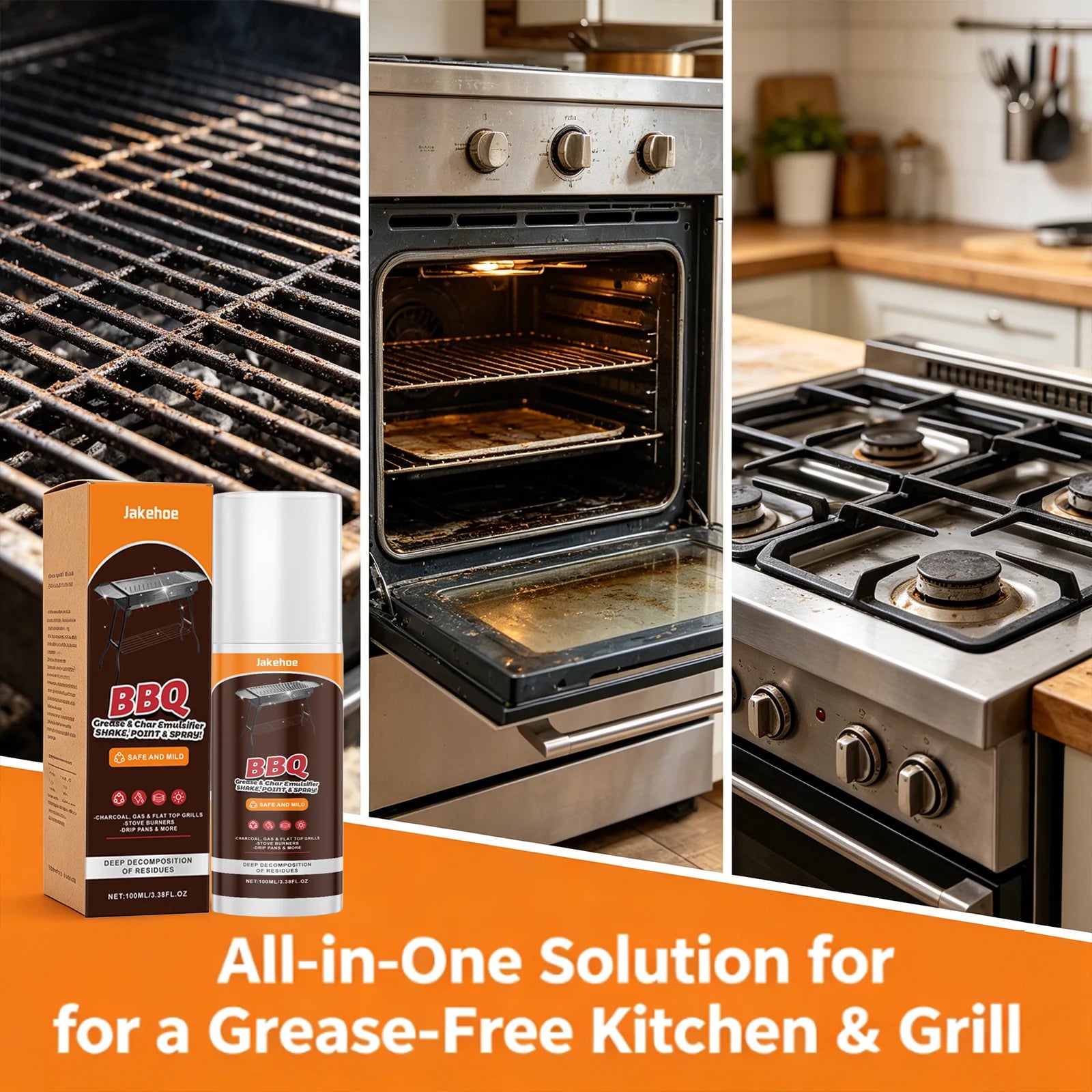 JAKEHOE BBQ Grill Cleaner Spray Dissolve Oil Stains Remove Burnt-On Food Fast-Acting BBQ Cleaning Solution Heavy-Duty Degreaser Qme