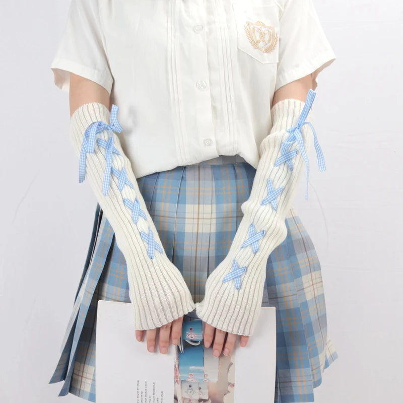 JK Girls Gloves Japanese Kawaii Lolita Fingerless Glove Elbow String Ribbon Ties Up Party Fingerless Gloves Harajuku Leg Warmers Qme LIGHT BLUE