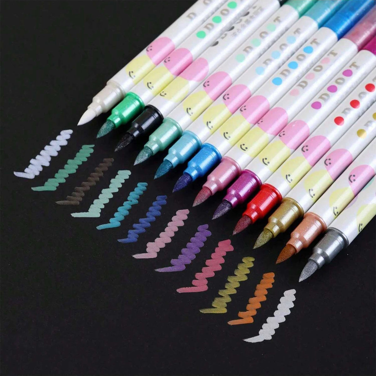 12 Colors Kawaii Double Tips Wave Dot Metallic Highlighter Marker Pens DIY Scrapbook Painting Stationery School Office Supplies Qme