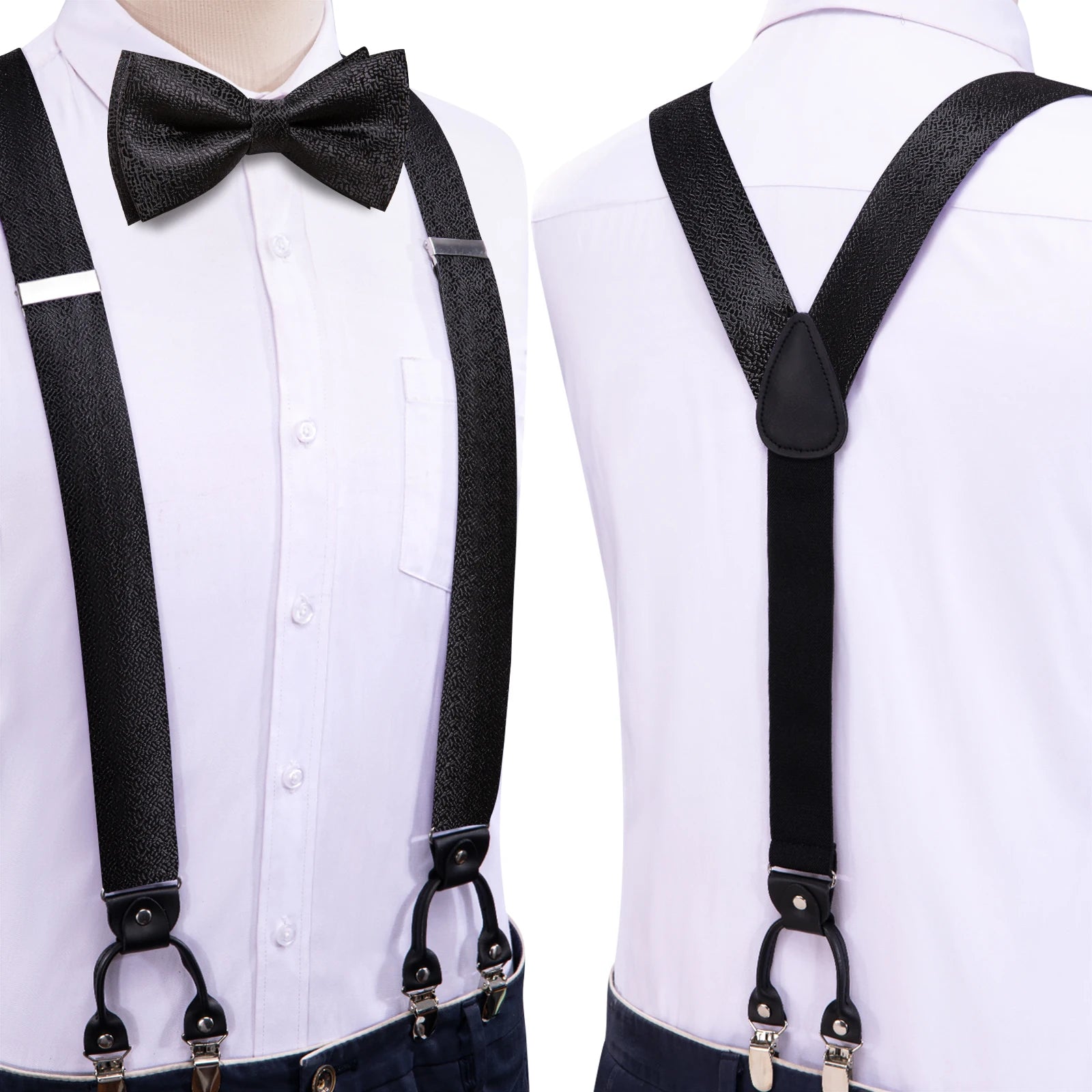 Hi-tie Silk Mens Braces Bowtie Hanky Cufflinks Y Back Clip Adjustable