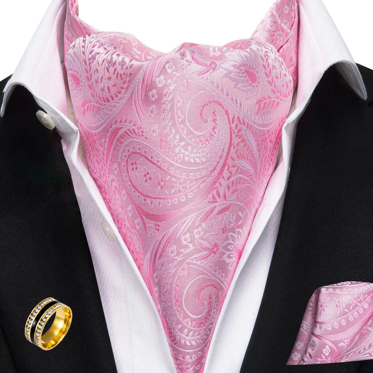 Ascot Tie Set, Classic Cravat with Pocket Square & Decorative Ring, Fashion Men's Neck Accessories Wedding Party silk Daily Wear Qme AS-1038-JZ0020
