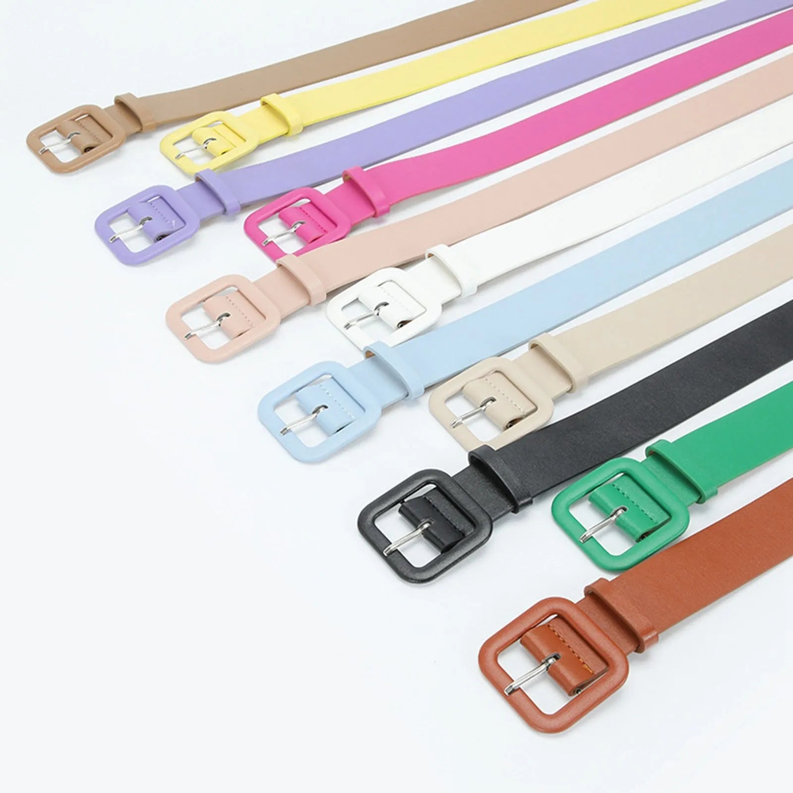 Ladies' Square Buckle Candy Colored Decorative Belt Fashionable Casual Versatile PU Leather Wide Belt Daily Dress Up Accessories Qme