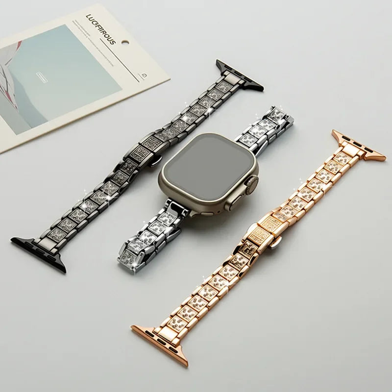 Inlay Diamond Butterfly Buckle Wristband Compatible Apple iWatch 1-10 Huawei FIT4 Xiaomi 8 9 10 Ladies Watch Accessory Qme Champagne Huawei FIT3-4-4PRO