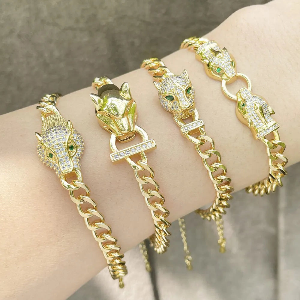 New Hot Punk Hip Hop Personality Leopard Head Bracelet Men and Women Cool Zircon Gold Plated Cuban Chain Wholesale Qme