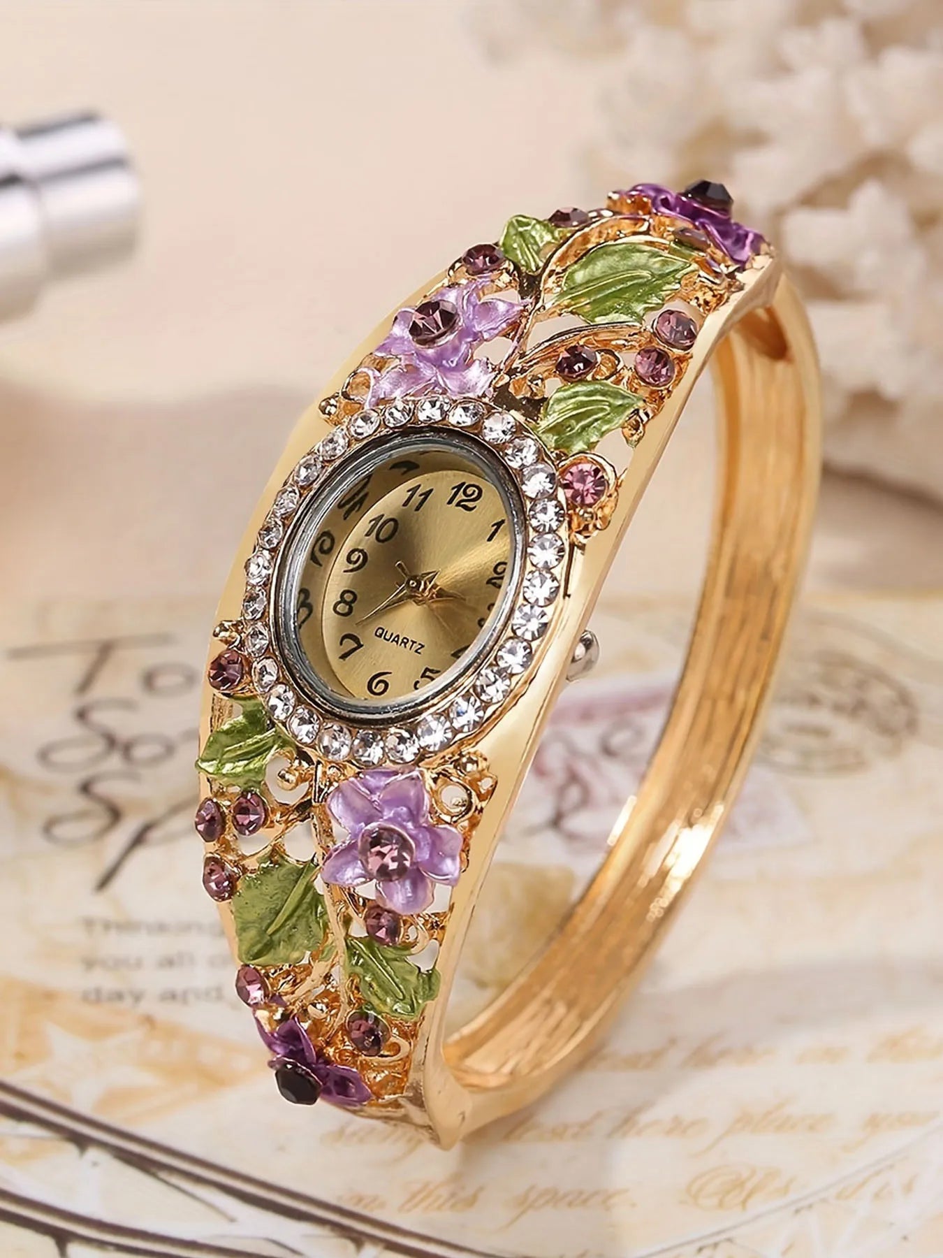 Cloisonn é Retro Palace Style Elegant Flowers Like Brocade Women's Watch Fashion Versatile Jewelry Set Qme