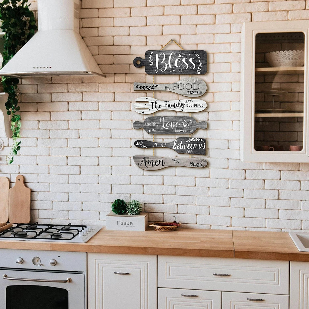 1SET Blessing the Food wooden wall hanging decoration, creative kitchenware design, warm home decoration for restaurant kitchen Qme Light Grey