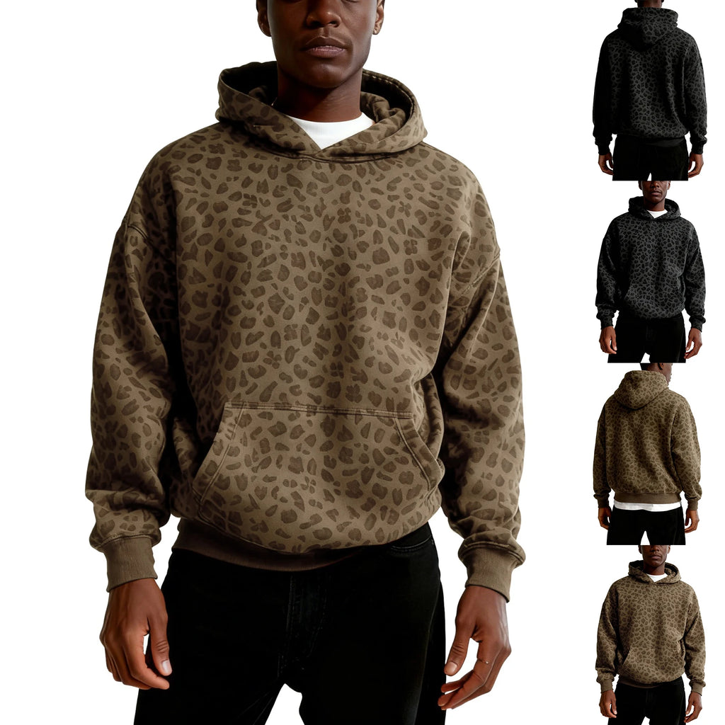 Men's and Women's High Street Casual Soft and Comfy Sports Long-sleeved Sweatshirt Fashion Leopard Printed Daily Hooded Top Qme