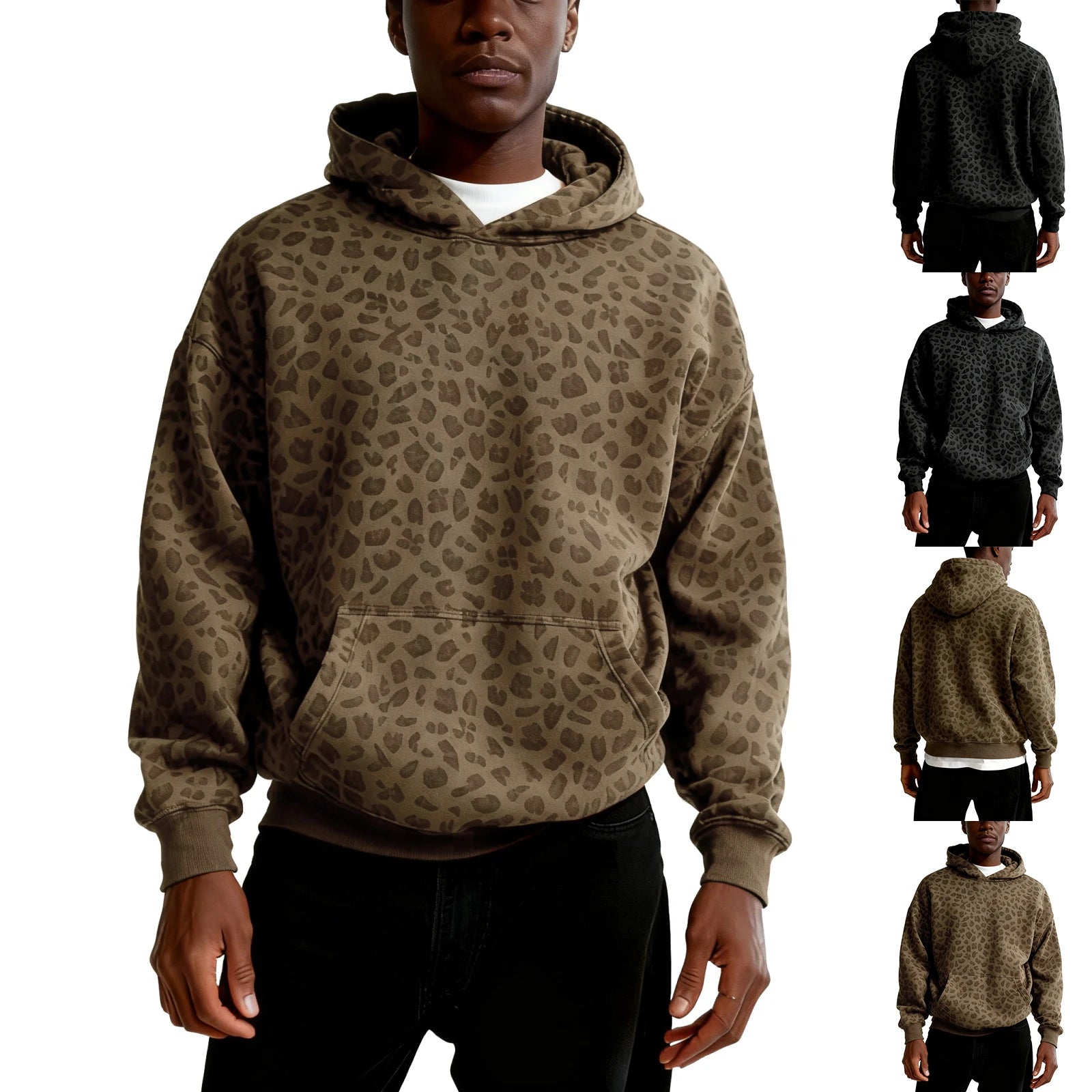 Men's and Women's High Street Casual Soft and Comfy Sports Long-sleeved Sweatshirt Fashion Leopard Printed Daily Hooded Top Qme
