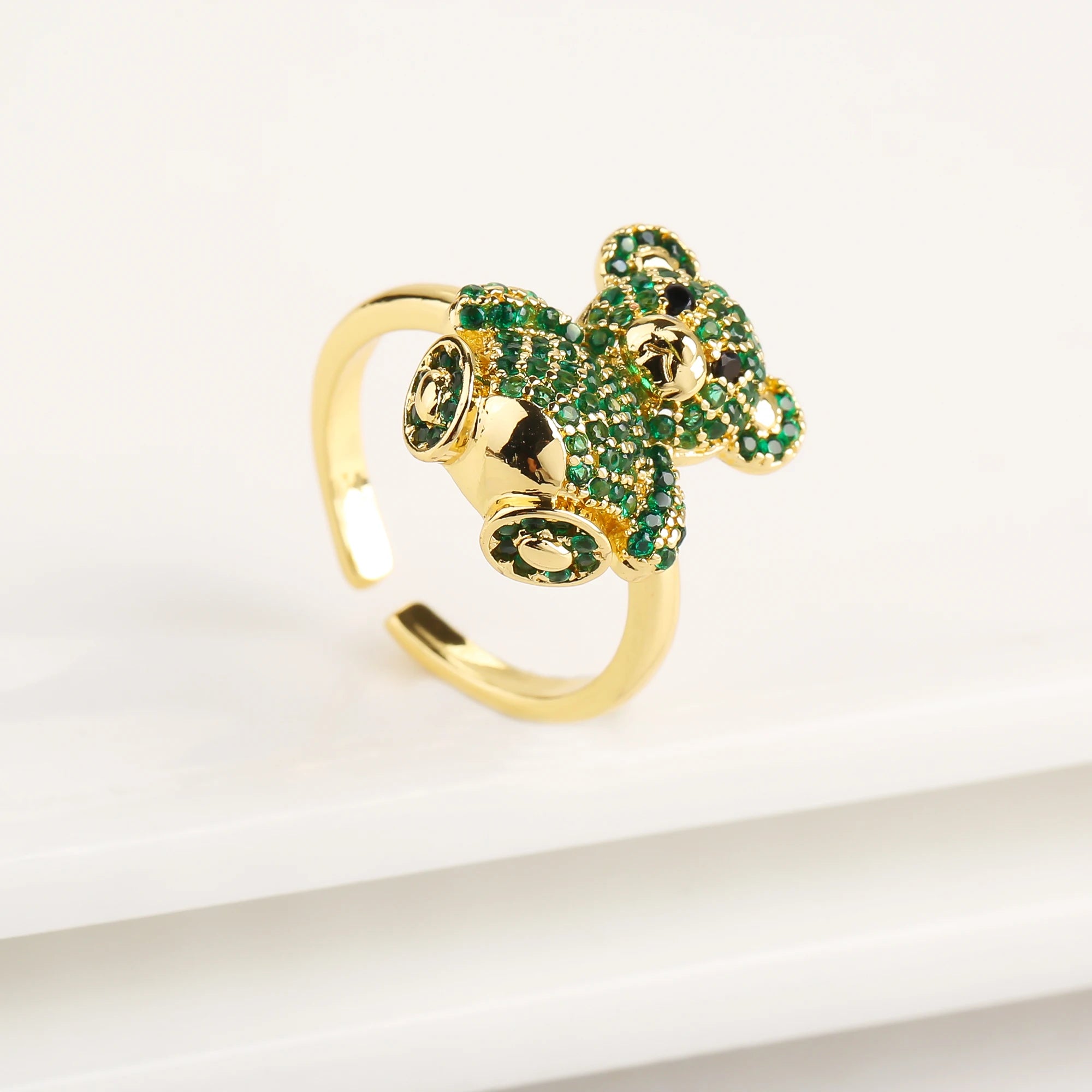 Cute Shiny Cubic Zirconia Animal Bear Ring Adjustable High Quality Women Fashion Party Jewelry Gift Daily Wear Dropshipping Qme Green resizable