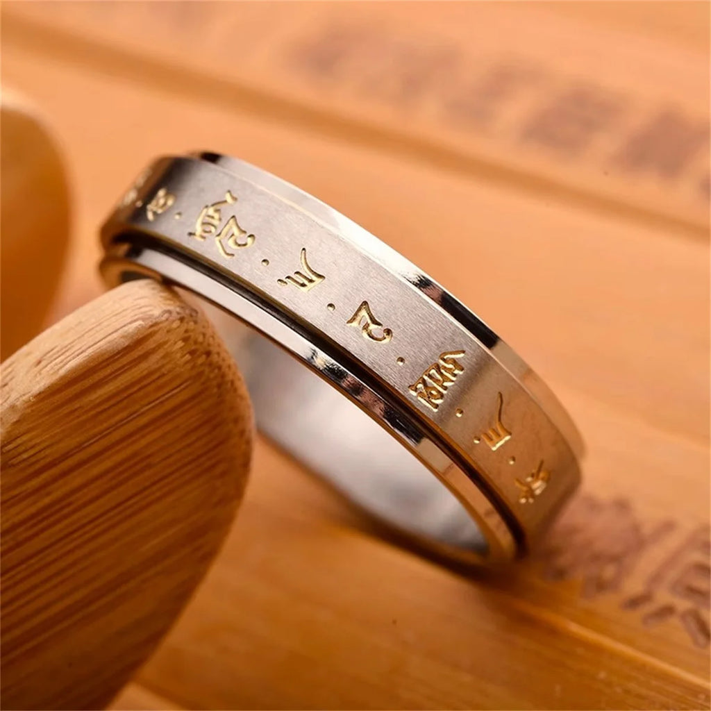 Fashion Men Buddha Rotation Spinning Mantra Letter Ring Transfer lucky Charm Ring Titanium Steel Fine Jewelry Gift Rings Qme