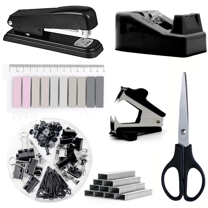 7Pcs/Set Organizer Accessories Set Office Supplies Stapler Staple Remover Paper Clips Back To School Student Stationery Kit Qme Glack set