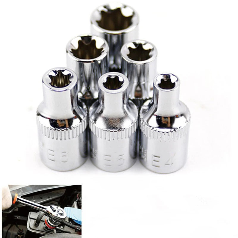 6Pcs/set Drive Socket 1/4 Hexagon Torx Star Female Bit E Socket Set E4 E5 E6 E7 E8 E10 Steel Hand Tool Accessories Qme