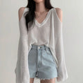 Chic Hollow Out Knit Long T-shirt Sleeve Pullover Crochet Knitwear Qme White One Size
