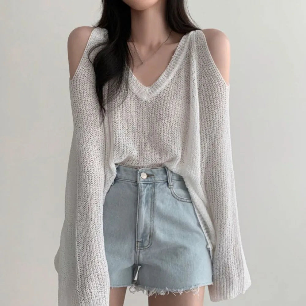 Chic Hollow Out Knit Long T-shirt Sleeve Pullover Crochet Knitwear Qme White One Size