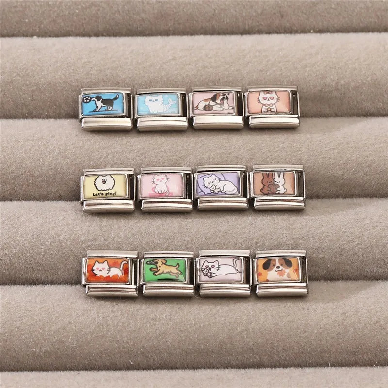 Wholesale 2025 New Cute Leaf Cats Dogs Rabbit Samoyed Italian Charm Link fit 9mm Stainless Steel Jewelry DIY Making Bracelets Qme
