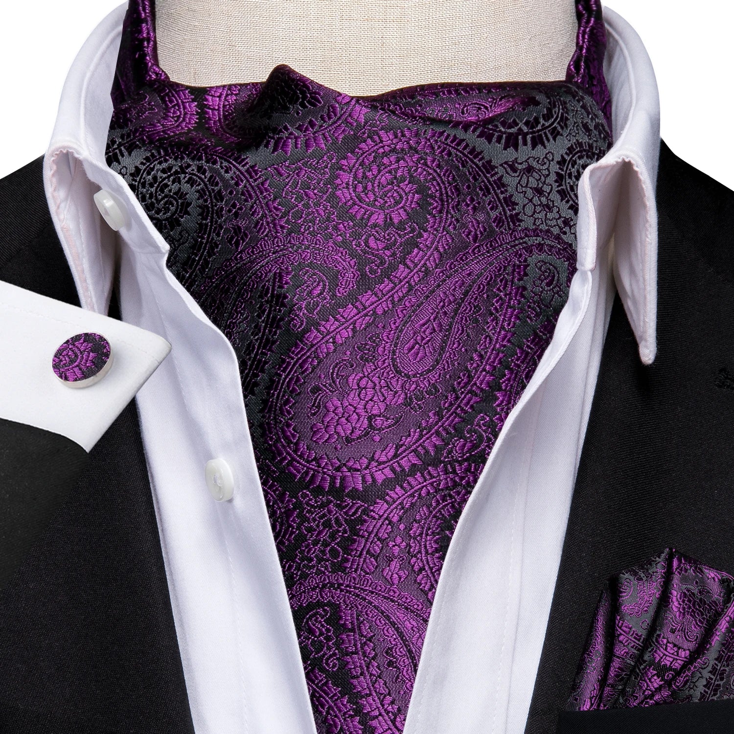 Silk Mens Ascot Black Pink Blue Red Gold Green Purple White Beige Cravat Tie Hanky Cufflinks for Male Wedding Business Prom Gift Qme AS-1100