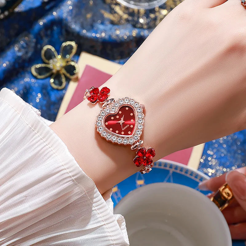 Requintado relógio de pulso feminino em forma de coração, pulseira quartzo sem caixa, moda Qme