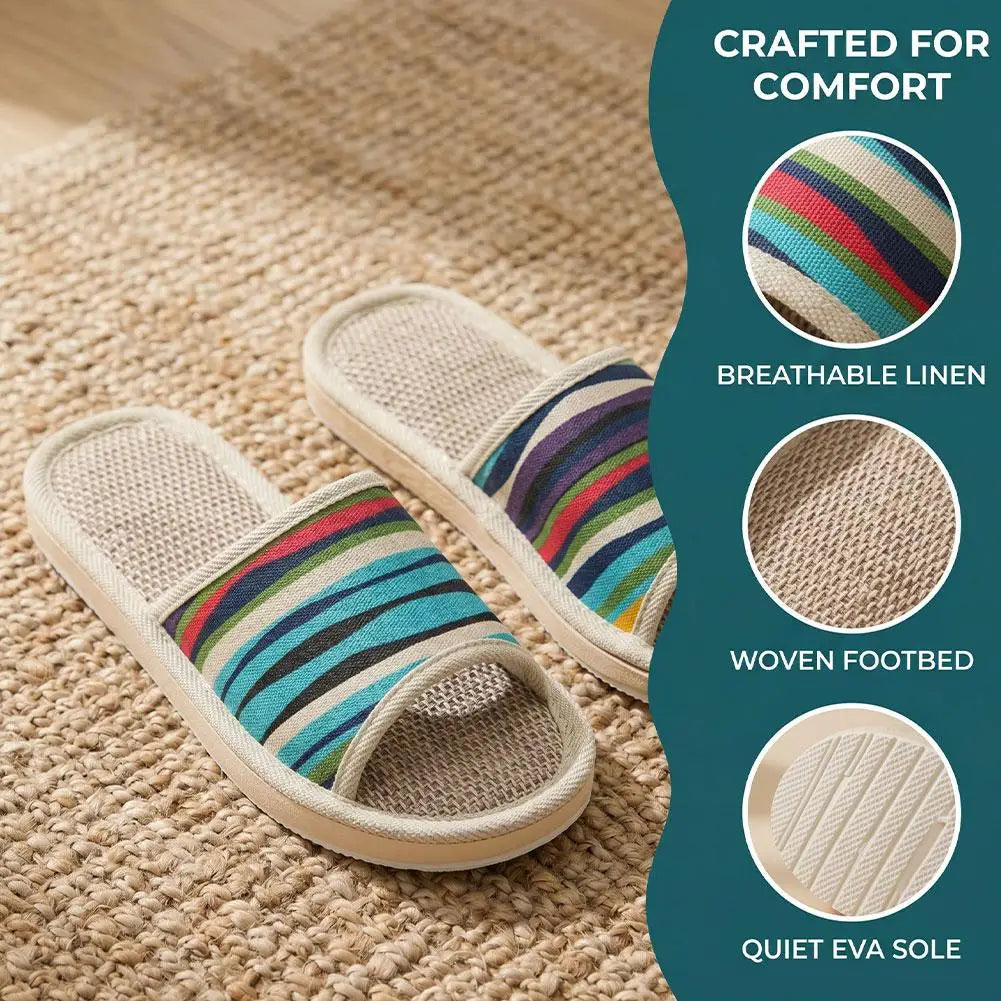 Four Season Couple's Multicolor Linen Slippers Women Indoor Striped Non-Slip Sandals Men Comfort Indoor Floor Breathable Slides Qme
