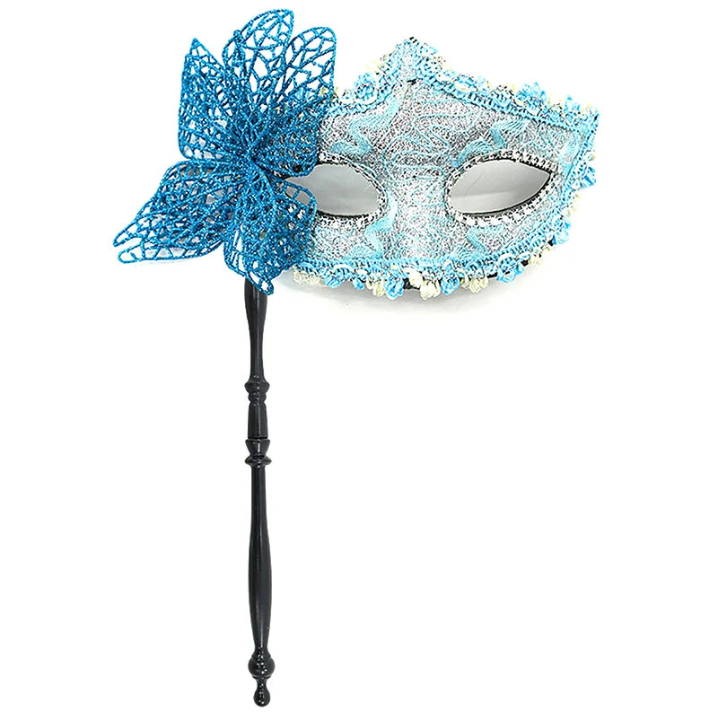 Halloween Party Mask With Holding Stick Evening Prom Masquerade Mask Stage Cosplay Props Half Face Masks For Women Qme Blue