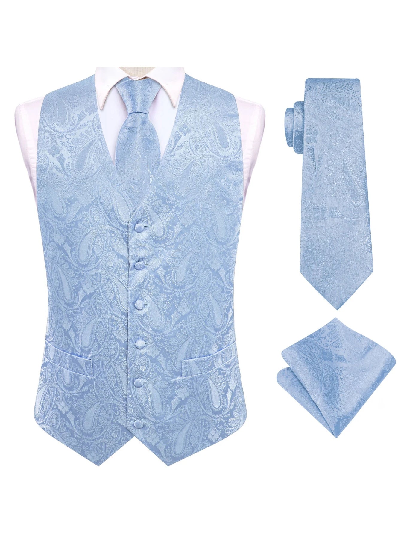 Blue Men Vest Three-Piece Suit Set, Dress Waistcoat with Tie and Pocket Square for Party Ceremony Qme MJ-3544 M
