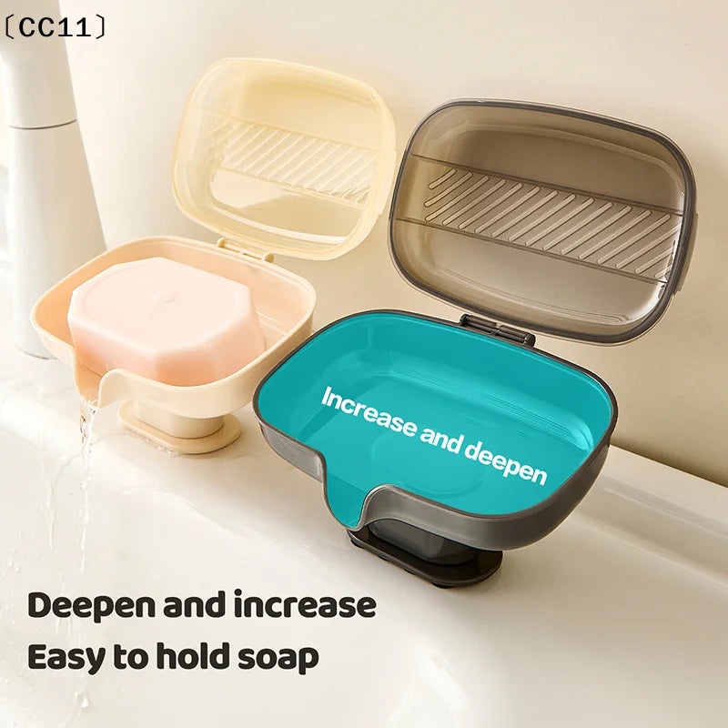 Sucker Soap Dish Holder Lid Self-draining Tray Case Portable Qme