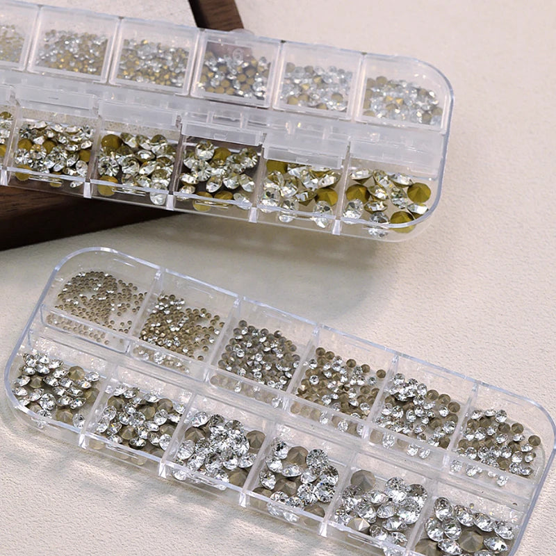 12 Grids Mixed Mini Nail Rhinestones Sharp Bottom Flash Art Crystal Qme