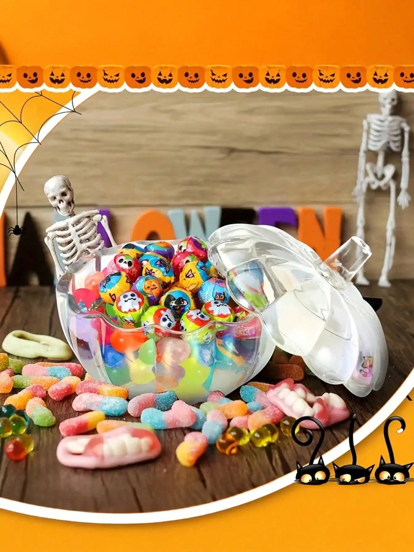 Halloween Pumpkin Candy Jar Lid Transparent Glass Food Container Qme