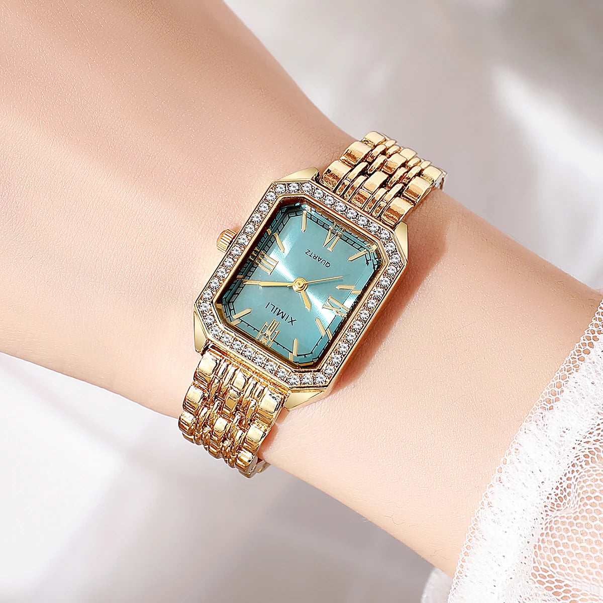 Luxo strass relógios femininos moda retângulo pulseira relógio de pulso de quartzo para meninas reloj mujer Qme