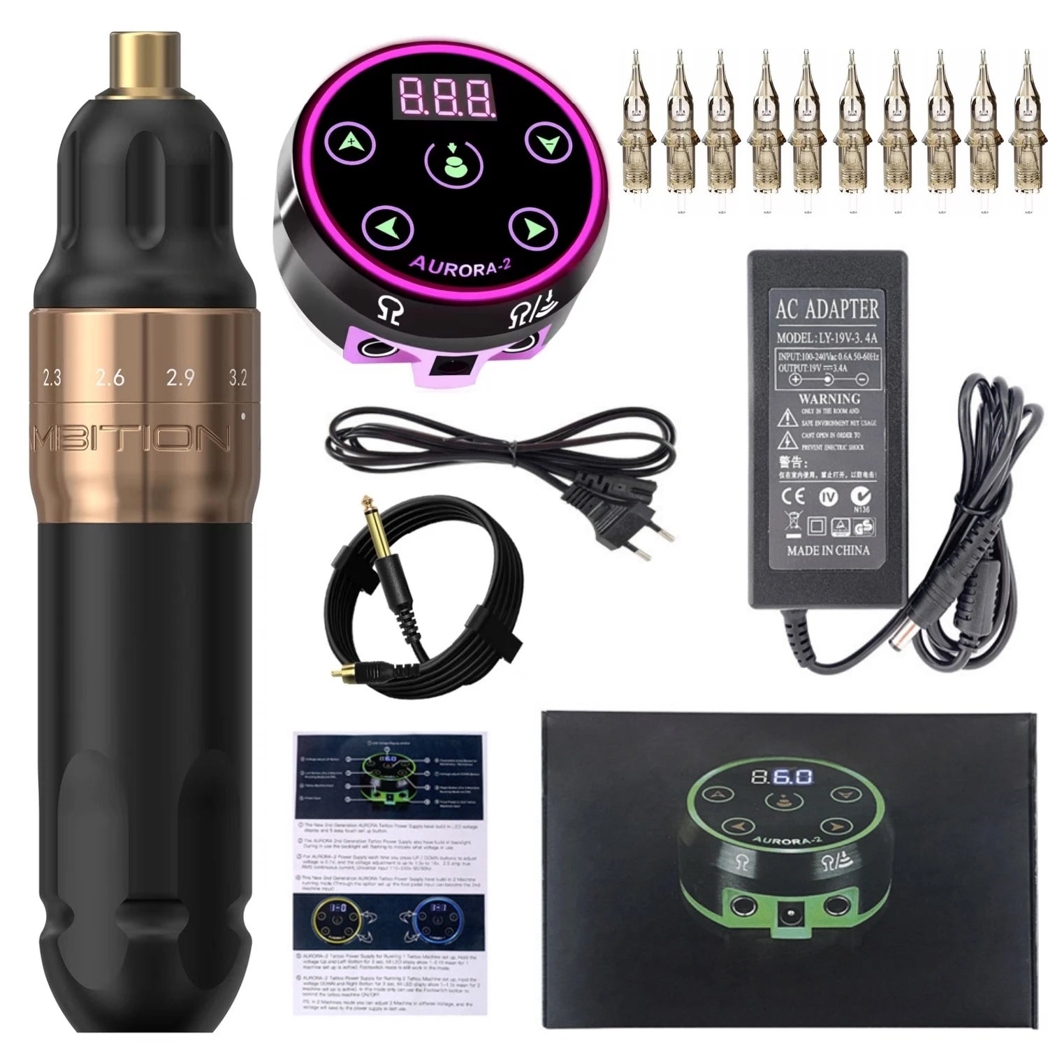 2026 New Sally Permanent Makeup Tattoo Pen Machine Kit Set adjustable PMU Rotary Pen Stroke 2.0-3.5mm AURORA-2 Power Supply Qme Gold Pen Kit BK