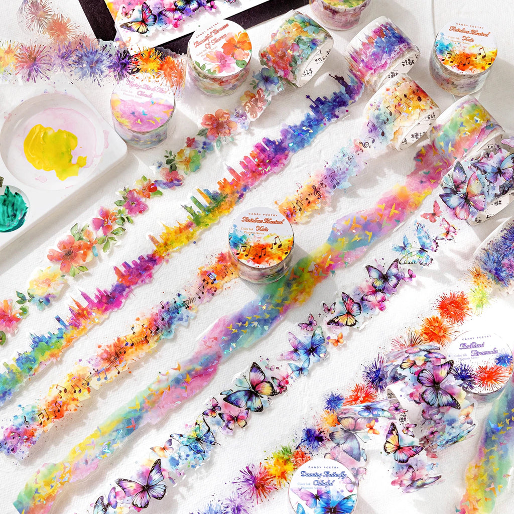 1 Roll Holographic Rainbow Butterfly Floral PET Tape Scrapbooking Journal DIY Supplies for Collage Art Decoration Qme