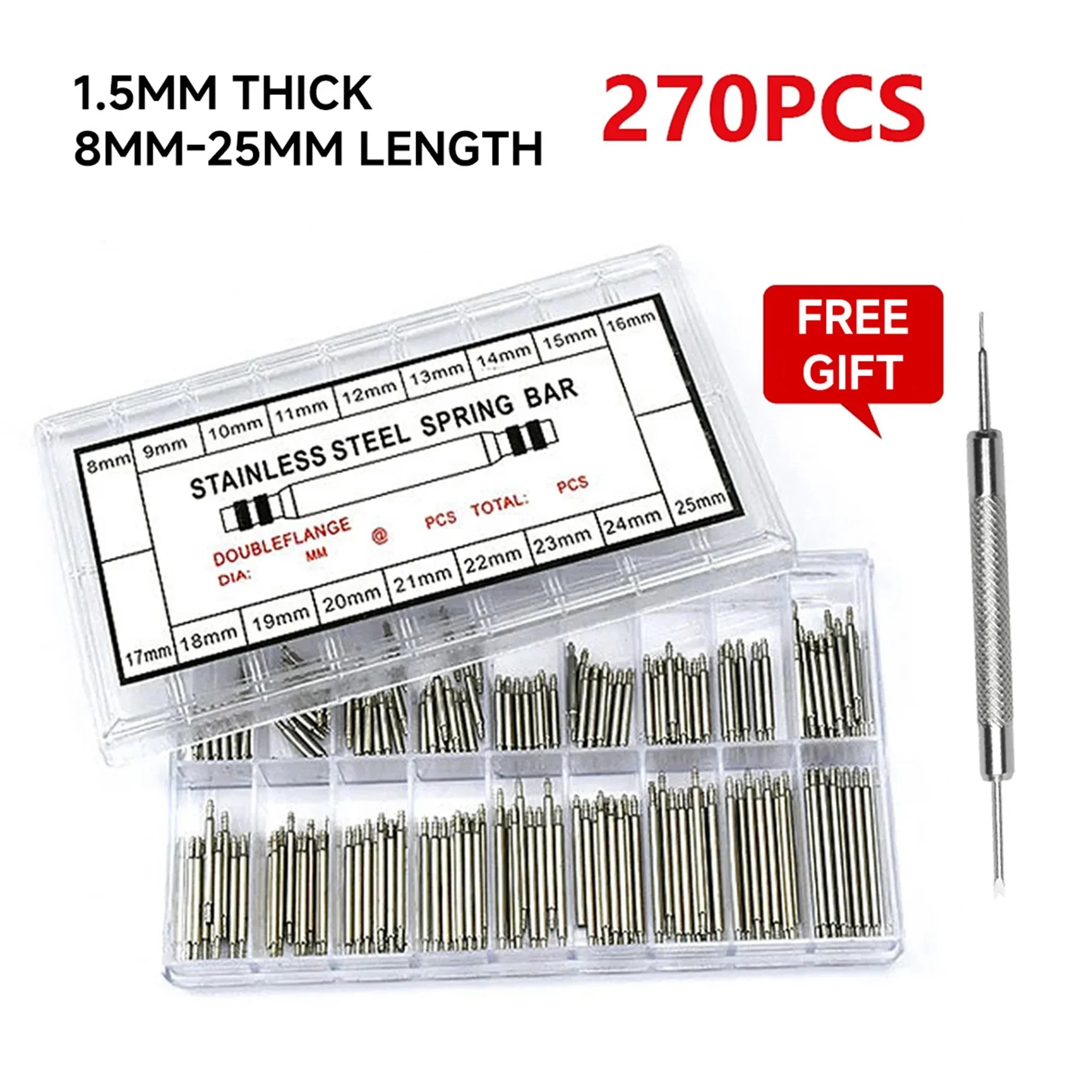 270pcs/set Strainless Steel Spring Bars Dia 1.5mm/1.8mm length8mm - 25mm/6mm - 23mm Watchband Strap Belt Watch Repair Tools Pin Qme 1.5mm 8-25mm